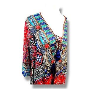 TRUE COLOURS Multicolor Rhinestone Colorful Bohemian Kaftan Blu Red Black SZ OS